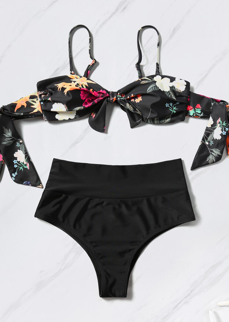 

Black Floral Tie Knot Front High Waist Bikini Set