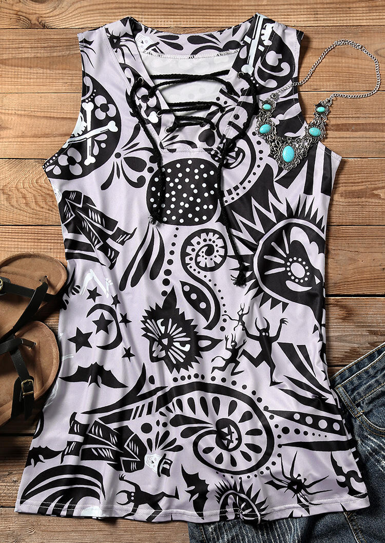 

Tank Tops Printed Lace Up Tank in Gray. Size