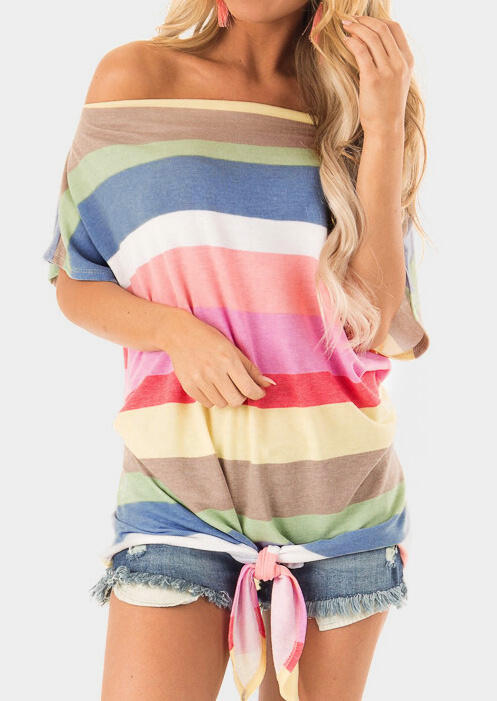 

Striped Off Shoulder Tie Blouse, Stripe, 443320