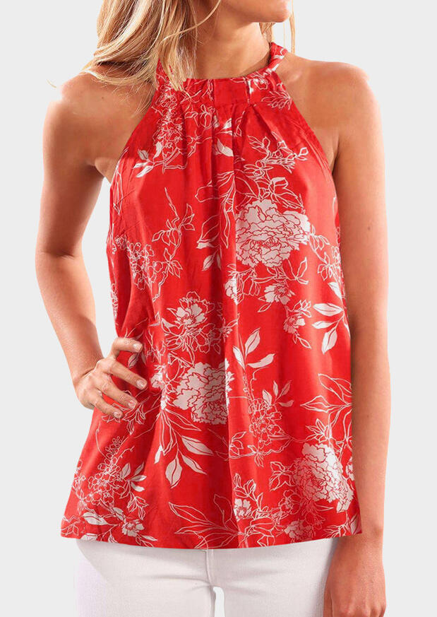 

Floral Printed O-Neck Tank, Orange, 443601