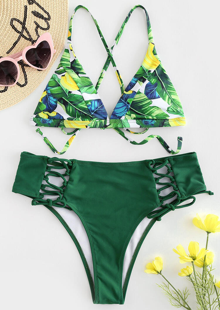 

Bikini Sets Leaf Lace Up Bikini Set in Green. Size: ,XL