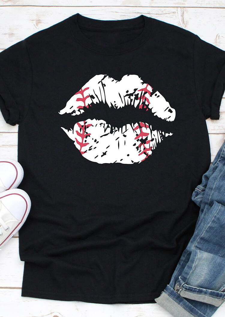 

Lip O-Neck Short Sleeve T-Shirt Tee, Black, 443066