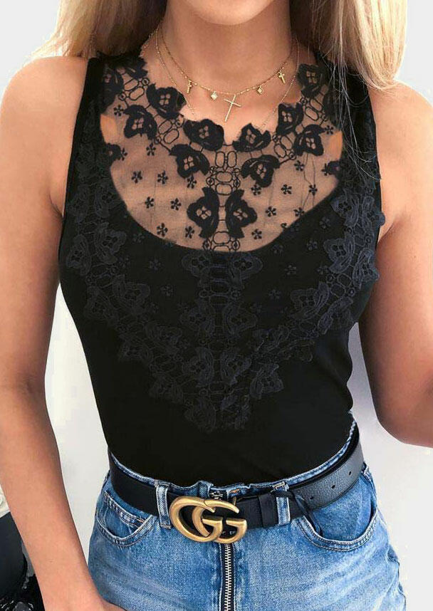 

Tank Tops Solid Lace Floral Splicing Tank in Black. Size