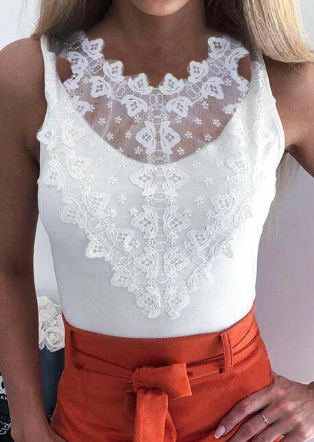 

Tank Tops Lace Floral Splicing Tank in White. Size