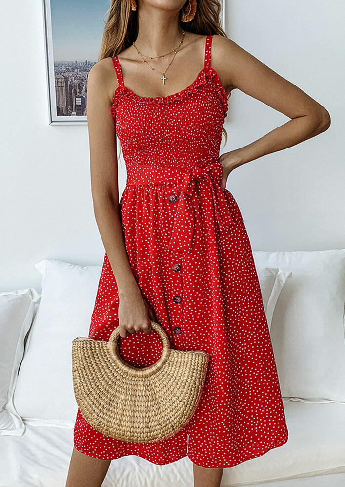 

Polka Dot Ruffled Casual Dress, Red, 443690