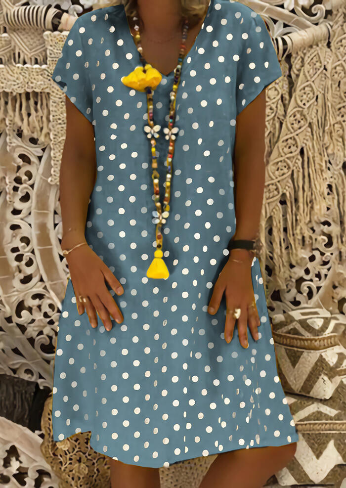 

Mini Dresses Polka Dot V-Neck Mini Dress without Necklace in Blue. Size