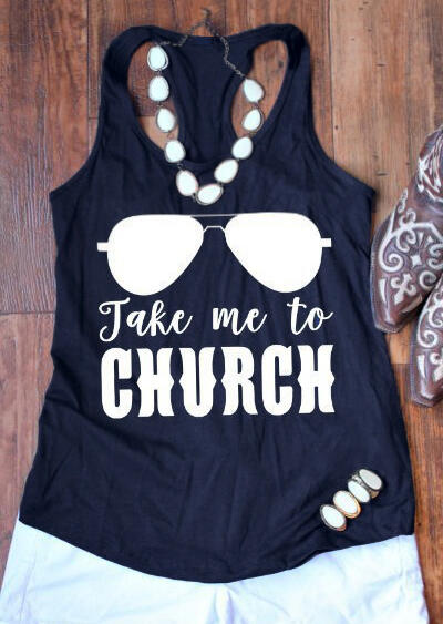 

Tank Tops Take Me To Church Tank in Navy Blue. Size: S