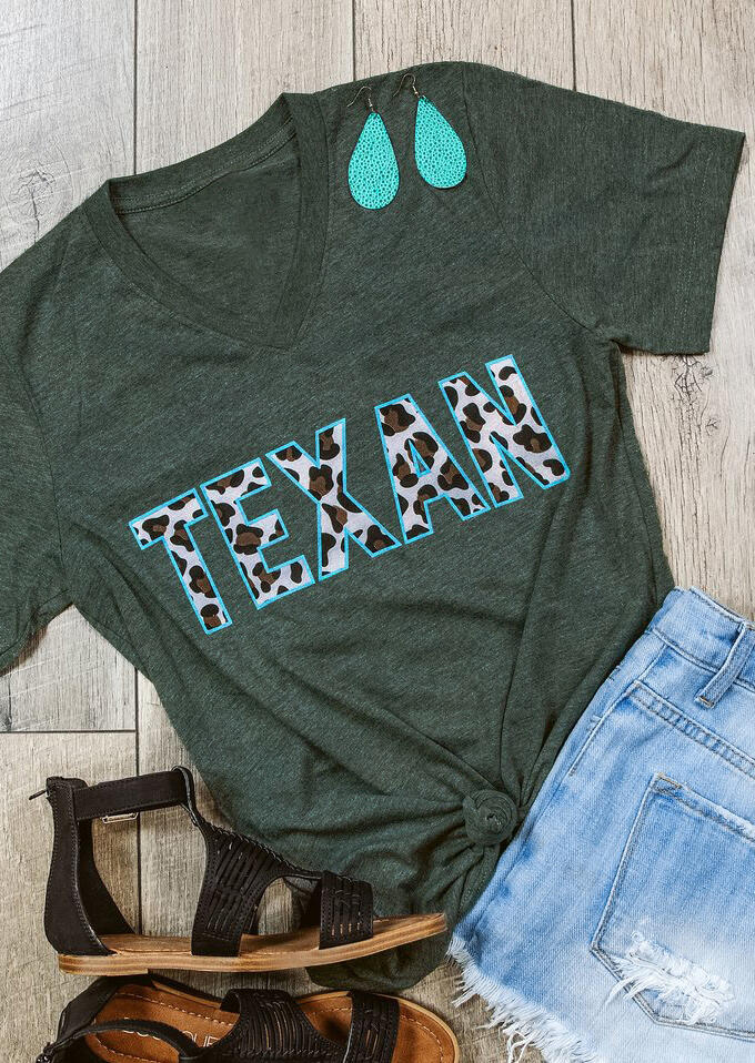 

Leopard Printed Texan T-Shirt Tee, 443083, Dark green