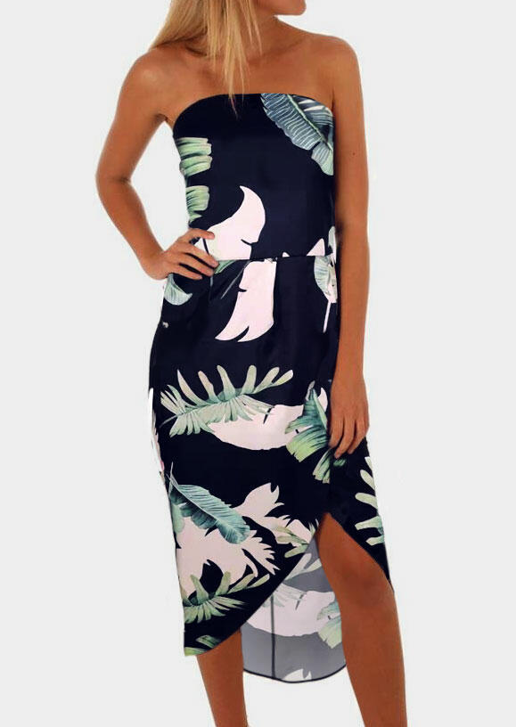 

Casual Dresses Leaf Strapless Casual Dress in Navy Blue. Size