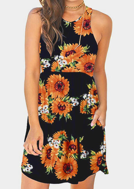 

Sunflower Pocket Sleeveless Mini Dress without Necklace, Black, 443718