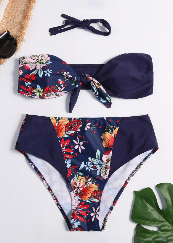 

Floral Tie Strapless Bikini Set, 443780, Navy blue