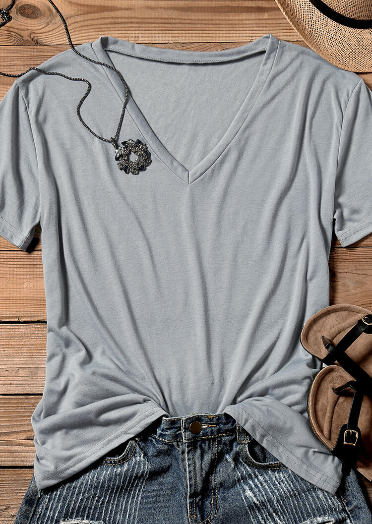 

Solid V-Neck Short Sleeve T-Shirt Tee, Gray, 443327