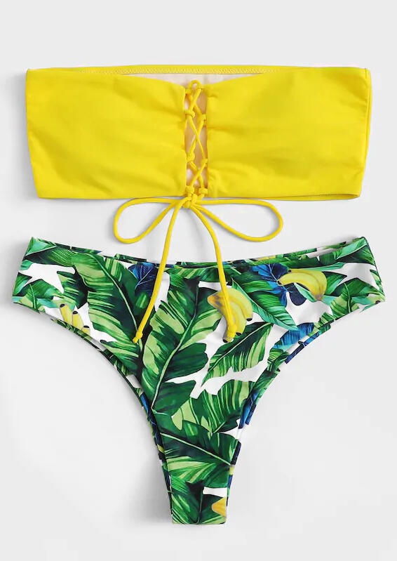 

Leaf Lace Up Bikini Set, Yellow, 443837