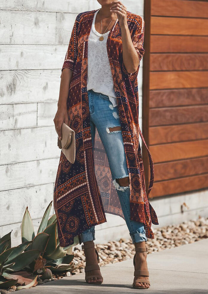 

Cardigans Printed Retro Cardigan with Belt without Necklace - Multicolor. Size