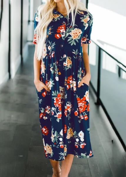 

Floral Button Pocket Maxi Dress - Navy Blue, 441422