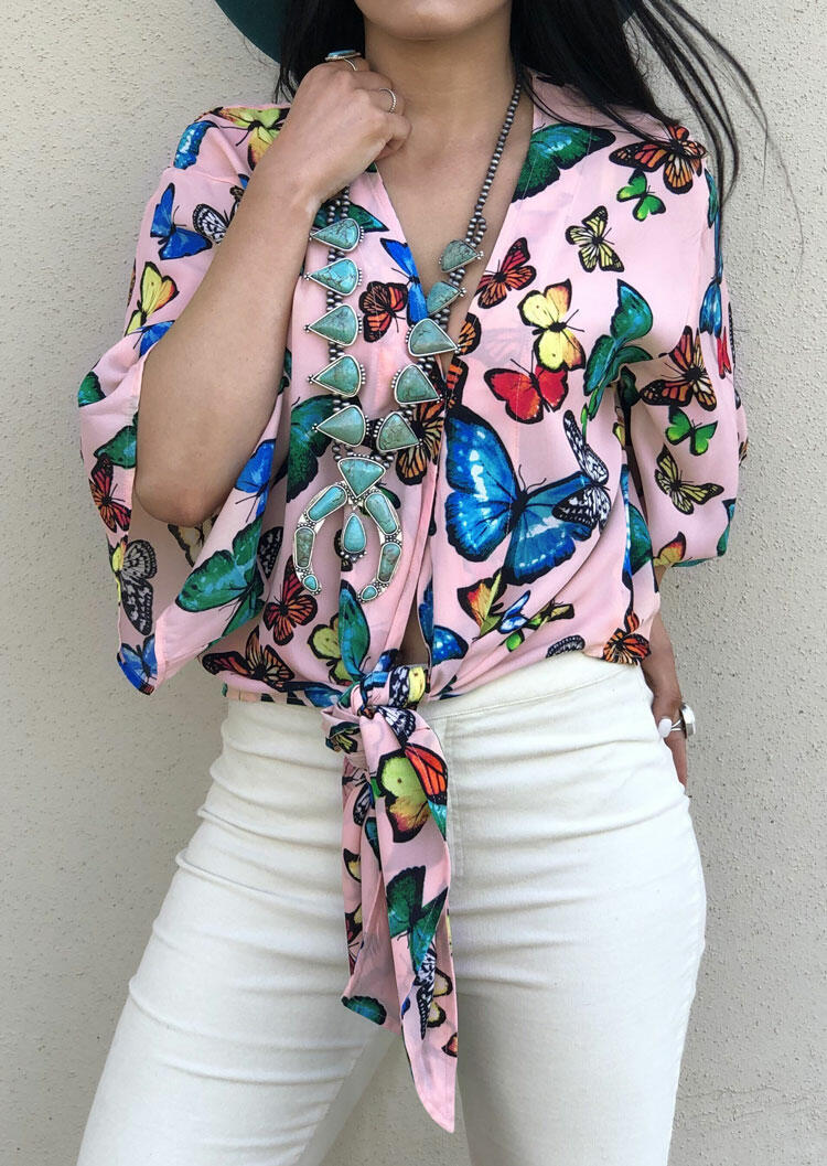 

Butterfly Tie V-Neck Blouse without Necklace -Pink, 442591