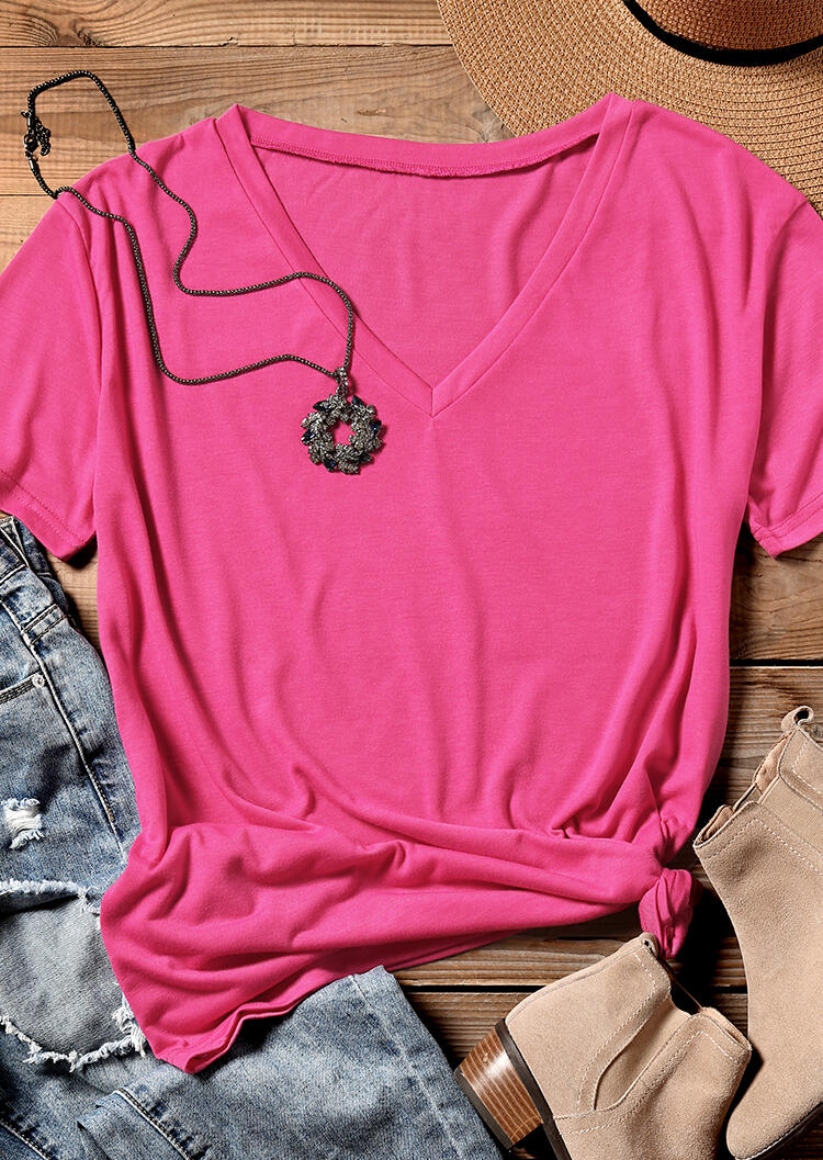 

Tees T-shirts V-Neck Short Sleeve T-Shirt Tee - Rose Red. Size