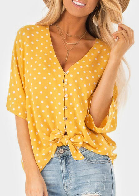 

Blouses Polka Dot Tie Blouse without Necklace- Yellow. Size