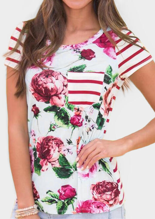 

Floral Striped Pocket T-Shirt Tee - Red, 444063