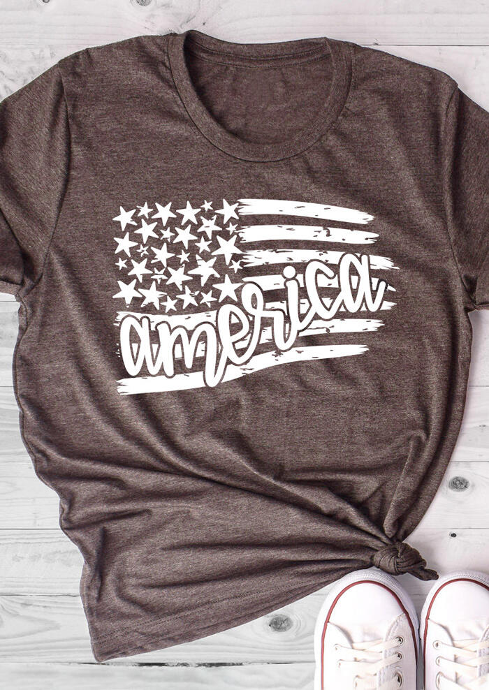 

American Flag O-Neck T-Shirt Tee - Dark Coffee, Darkcoffee, 444391