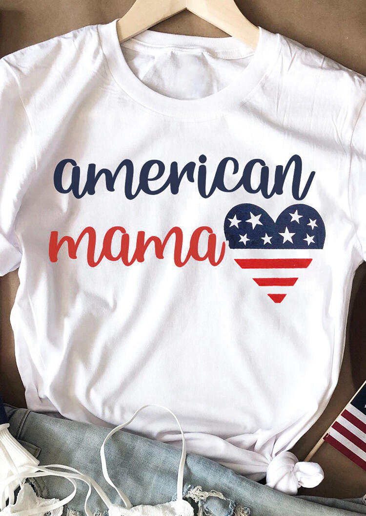 

American Mama Heart T-Shirt Tee - White, 444456
