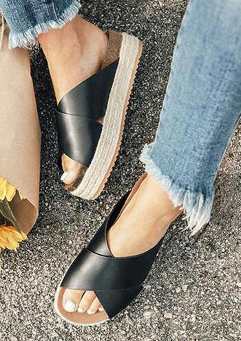 

Solid Cross Round Toe Platform Slippers - Black, 443121