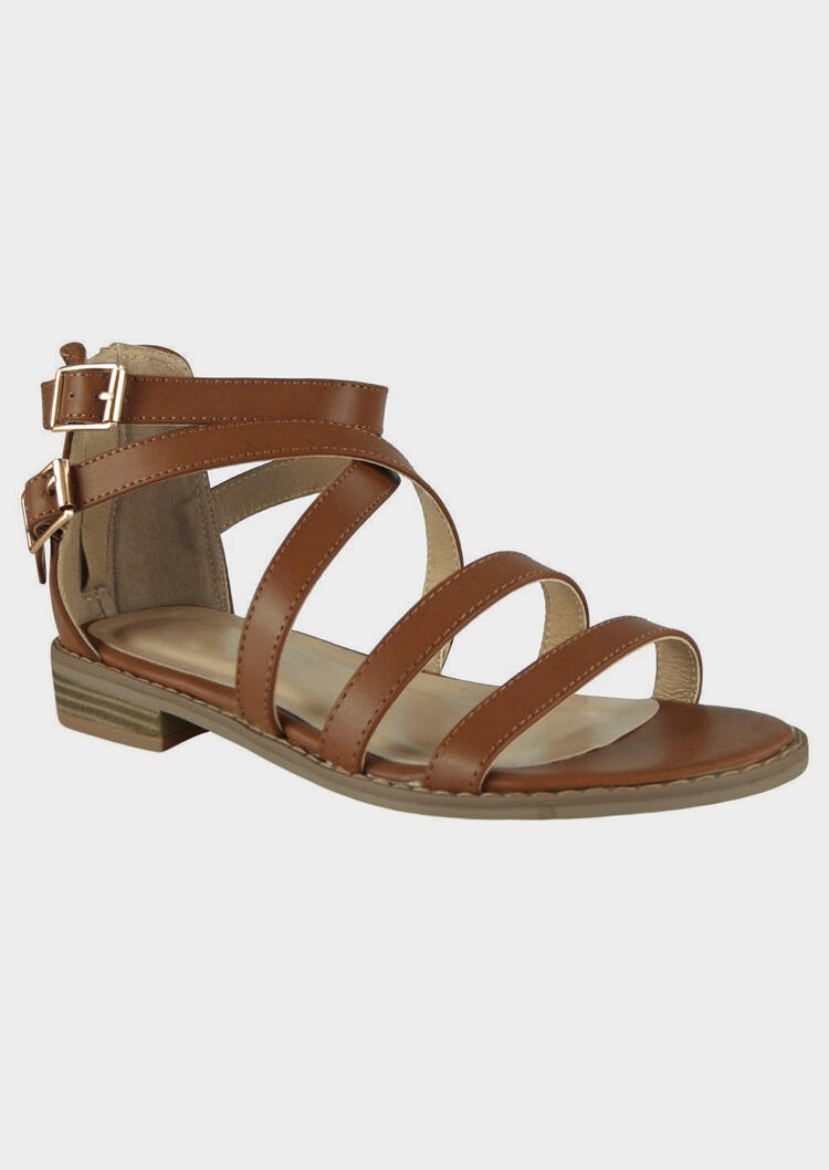 Solid Buckle Strap Flat Sandals - Brown - Fairyseason
