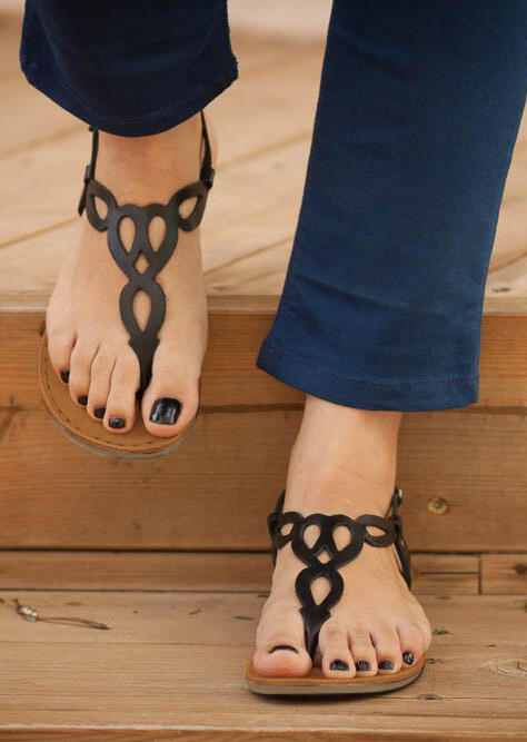 

Solid Round Toe Flat Sandals - Black, 443981