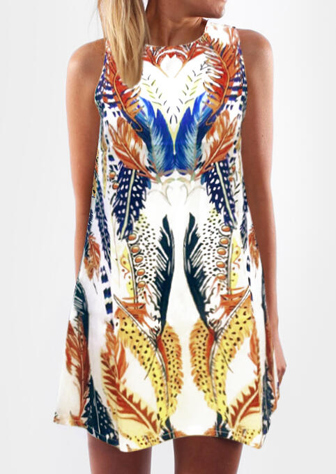 

Leaf O-Neck Sleeveless Mini Dress -Multicolor, 444259