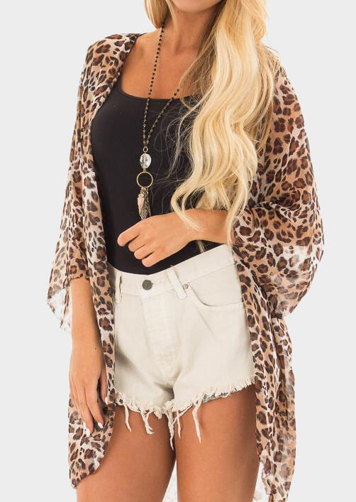 

Leopard Printed Three Quarter Sleeve Cardigan without Necklace -Leopard, 444310