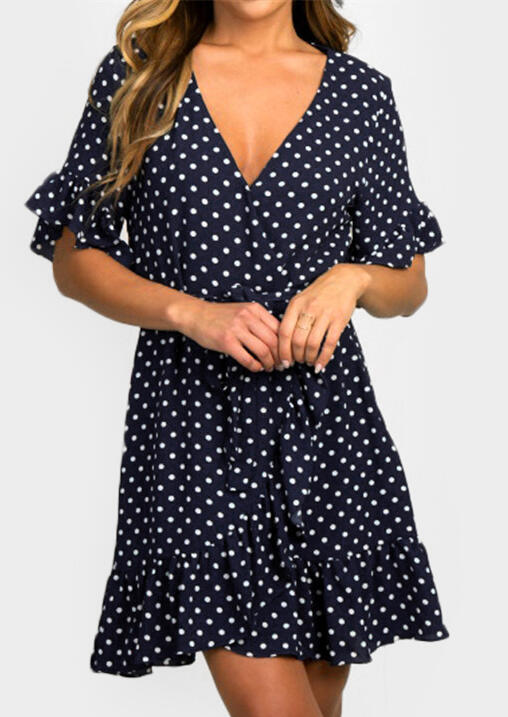 

Mini Dresses Polka Dot Deep V-Neck Tie Mini Dress - Navy Blue. Size