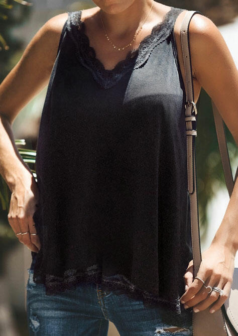 

Solid Lace Splicing Camisole - Black, 444485