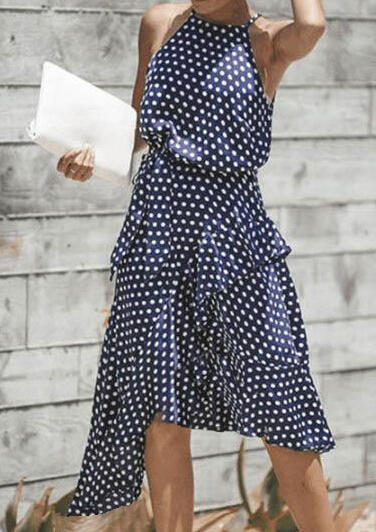 

Polka Dot Ruffled Tie Casual Dress - Navy Blue, 444504