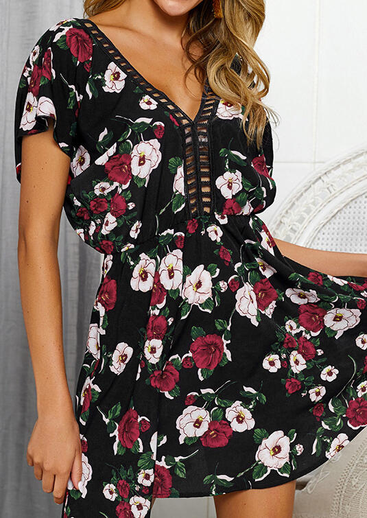 

Floral Hollow Out Backless Mini Dress -Black, 443731
