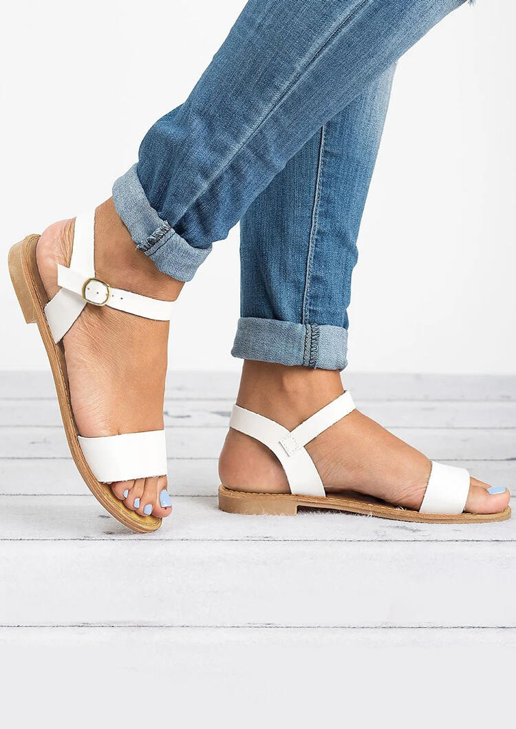 

Solid Buckle Strap Flat Sandals - White, 444085