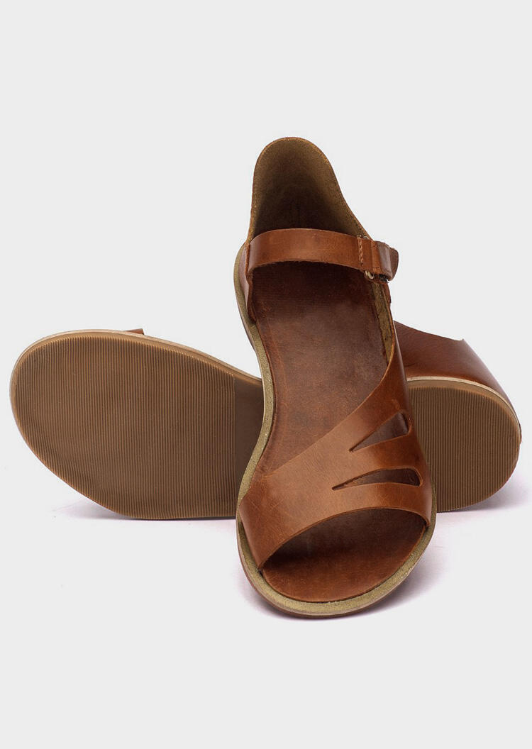 

Solid Buckle Strap Hollow Out Flat Sandals - Brown, 444474