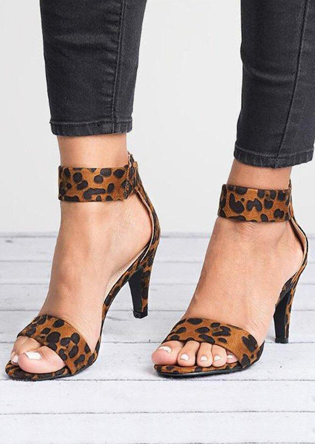 Leopard Printed Ankle Strap Heeled Sandals - Leopard - Fairyseason