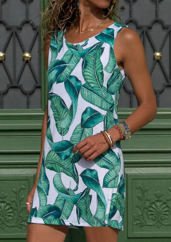 

Mini Dresses Leaf Printed Sleeveless Mini Dress - Green. Size