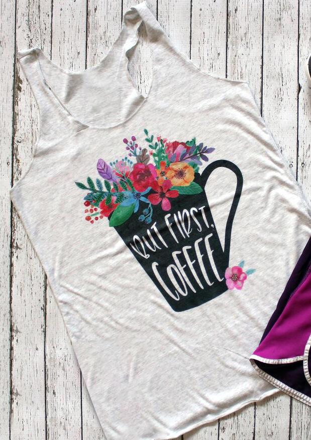 

Tank Tops But First Coffee Tank - Light Gray. Size, Light grey