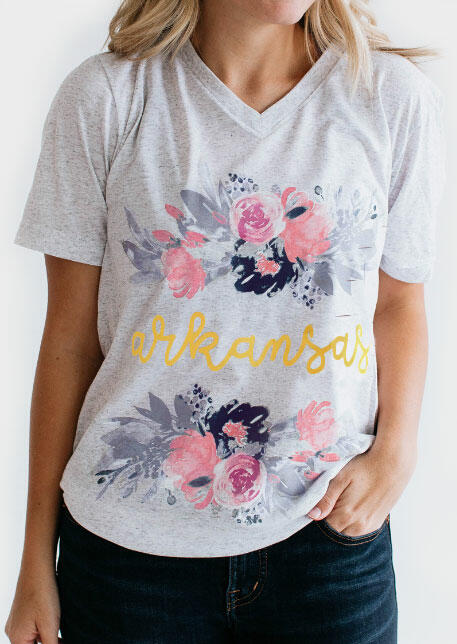 Arkansas Floral V-Neck T-Shirt Tee – Light Gray