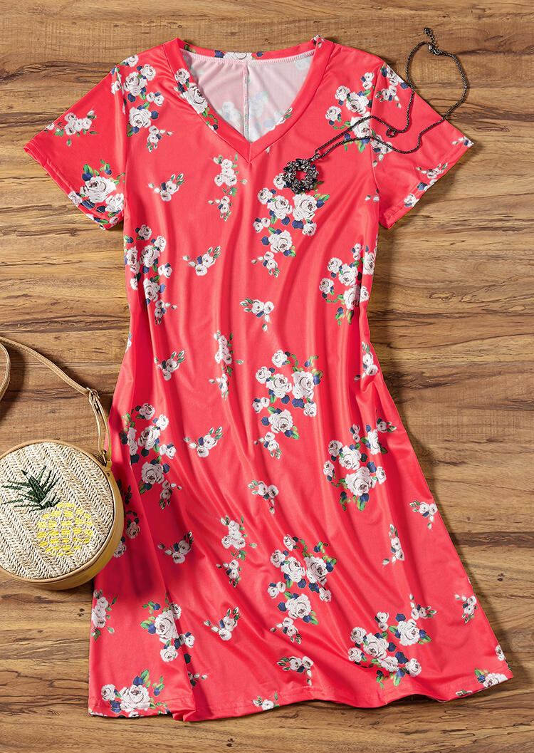 

Floral V-Neck Mini Dress without Necklace - Red, 443844