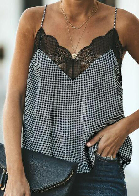

Tank Tops Plaid Lace Splicing Camisole without Necklace - Black. Size: ,XL