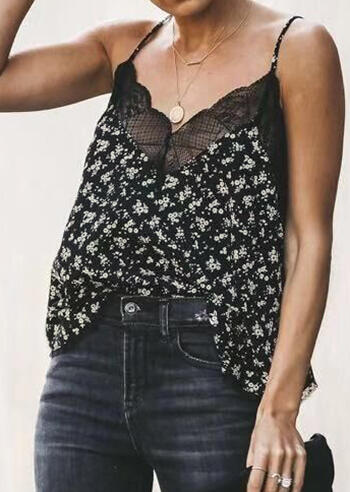 

Tank Tops Floral Lace Splicing Camisole without Necklace - Black. Size