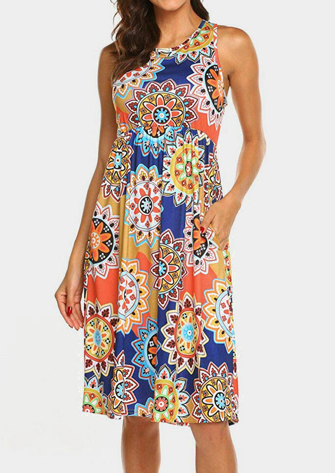 

Mandala Pocket Sleeveless Mini Dress - Multicolor, 444532
