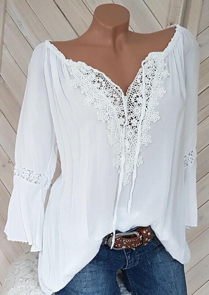 

Solid Lace Splicing Tie Blouse - White, 444622