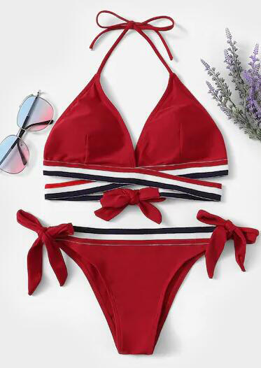 

Striped Halter Tie Bikini Set, Red, 441266