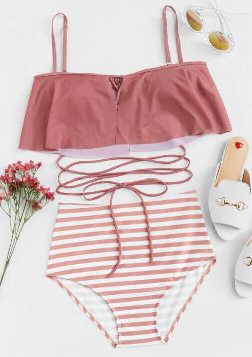 

Striped High Waisted Ankle Wrap Bikini Set, Cameo brown