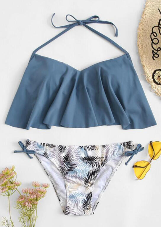 

Leaf Layered Halter Bikini Set, Lightblue, 441640