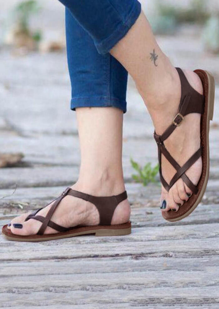 

Solid Buckle Strap Flat Sandals - Coffee, 444109