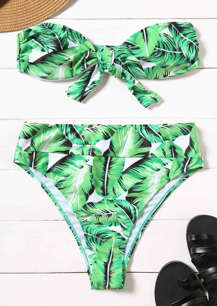 

Palm Leaf Printed Tie Knot Front Strapless Bandeau Bikini Set - Green